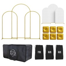 Metal Arch Backdrop Stand and Cover Set   3 Gold Frames 7.2ft, 6ft x2 with ...