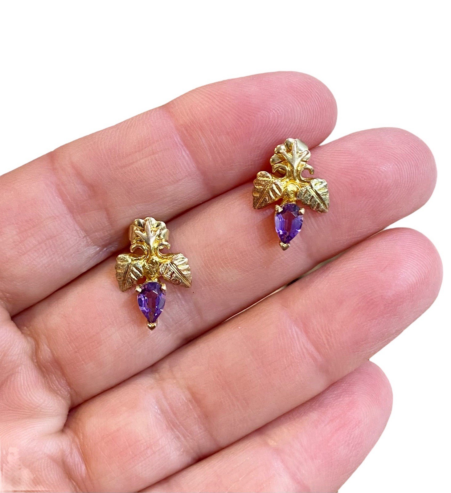 10k Solid Yellow Gold Amethyst Leaf Stud Earrings… - image 1