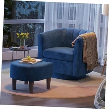 Swivel Accent Chair with Ottoman - Small Barrel Chair 360 Swivel Modern Blue