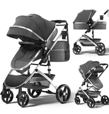 2 in 1 Baby Stroller,Foldable Lightweight Carriage Reversible Bassinet Pram for 