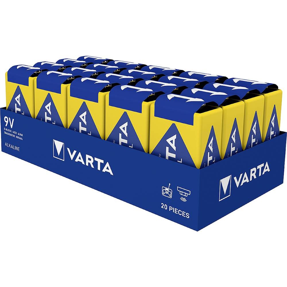 Pile 9V Varta 6LR61 bloc alcaline 640 mAh pour detecteur de fumee lot de 20