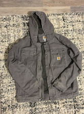 Carhartt Men's M Gray Hooded Work Jacket Button Front Relaxed Fit Pockets