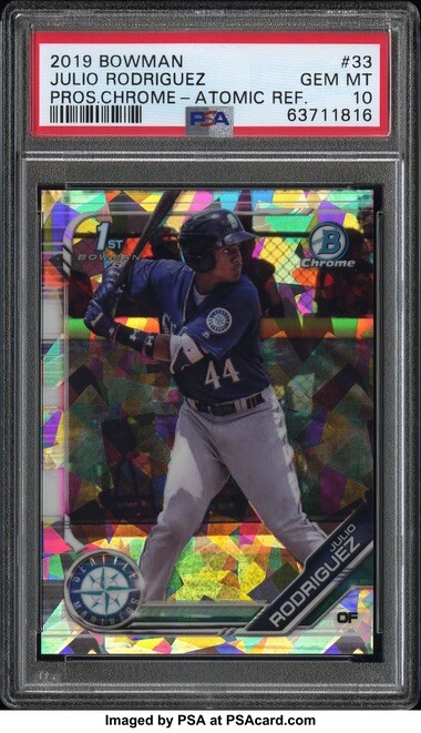 2019 Bowman Julio Rodriguez 1st Chrome #33 ATOMIC Refractor SP PSA 10 Gem Mint