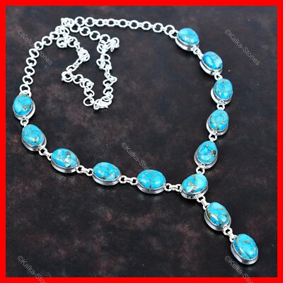 Copper Blue Turquoise Stone Chain Mother Trendy Necklace Jewelry Sterling Silver