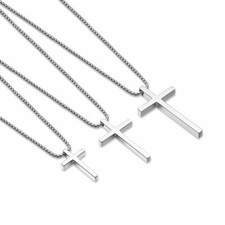 Men Women Cross Necklace Stainless Steel Silver Plain Pendant Box Chain 16"-30"