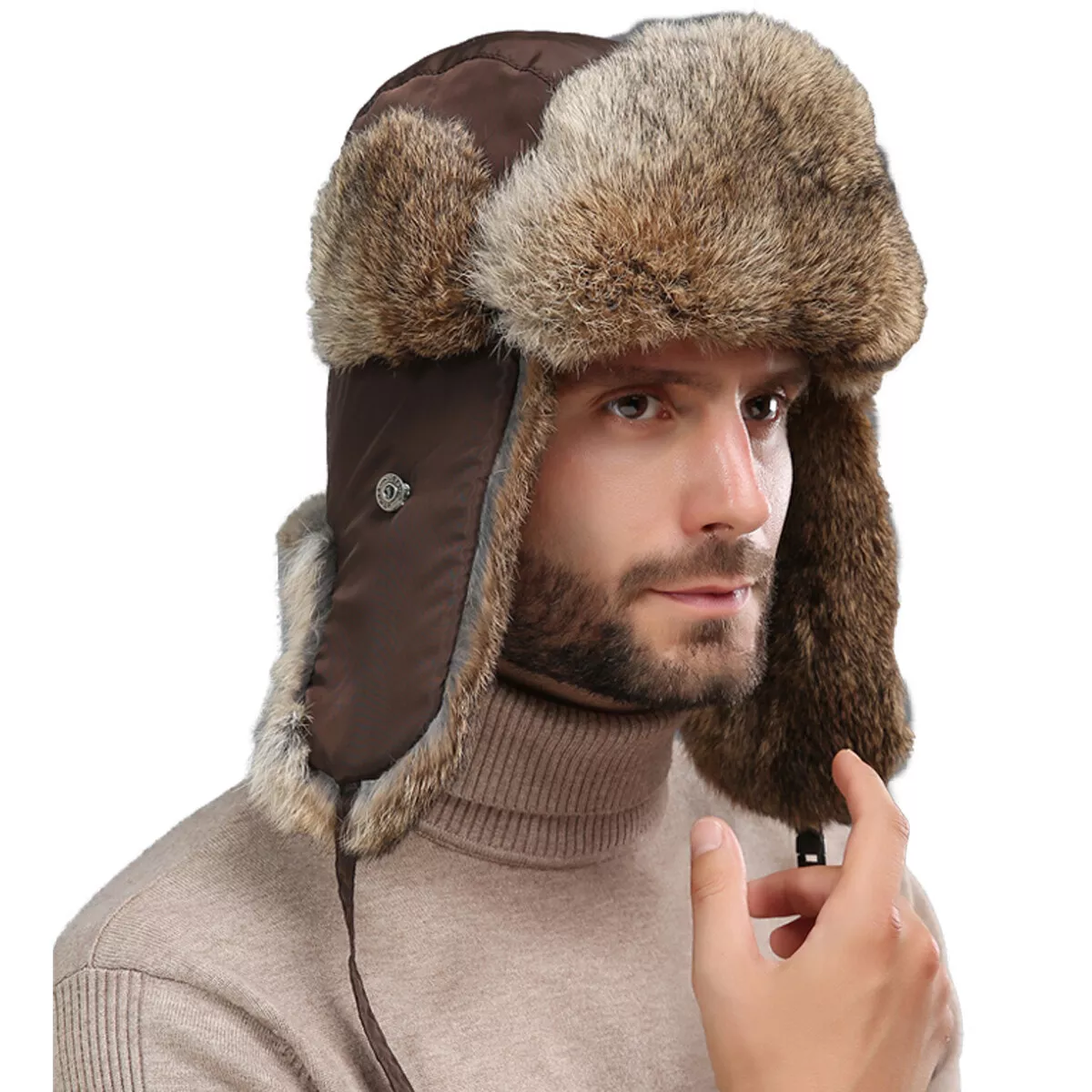 Winter Fur Bomber Hat Men Real Rabbit Warm Couples Caps Earmuffs Waterproof