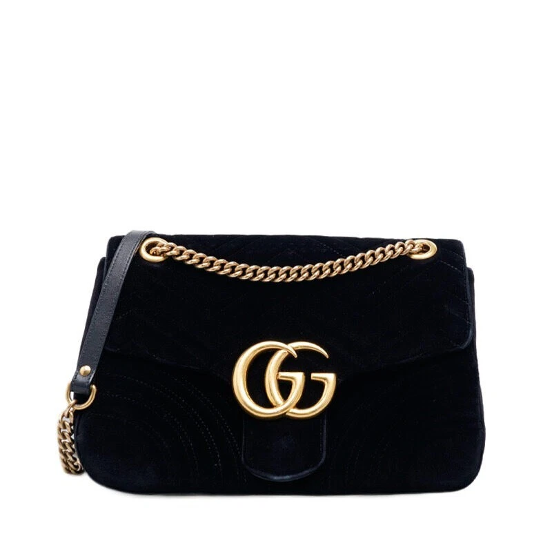 Sac à bandoulière Gucci noir matelasse velours GG Marmont rabat moyen