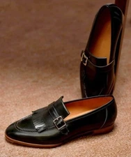 Handmade Black Leather Moccasins Fringes Business Shoe, Office Shoe, Dress Shoe