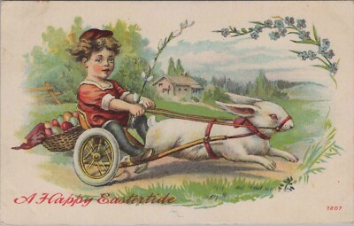 Easter White Rabbit Red Eyes Pulling Girl in Cart Eggs Basket 1912 postcard DQ6