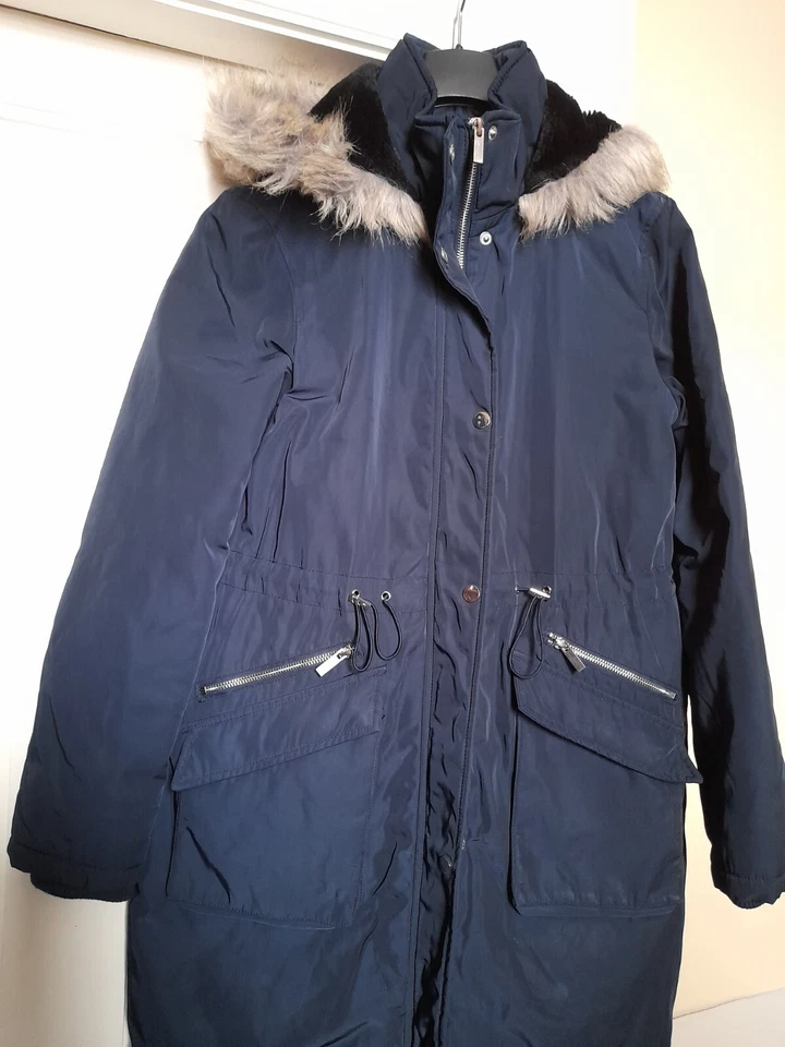 OASIS Navy Blue Hooded Fur Lined Parka Coat S UK 10 VGC - Image 4 of 4