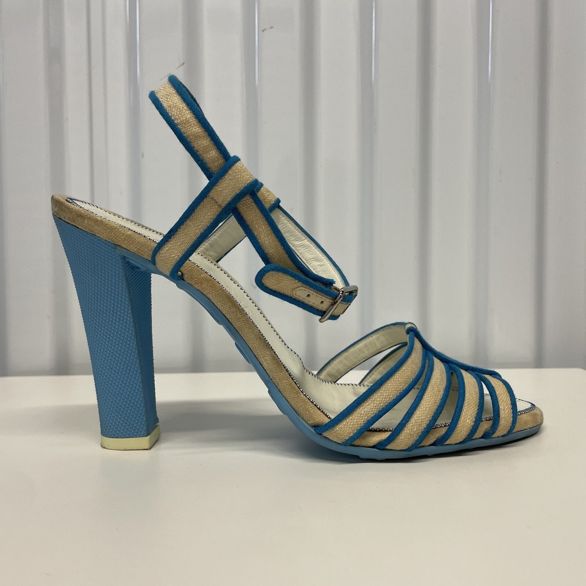Vintage Y2K Marc Jacobs Beige Blue Canvas Strappy Pumps Women's