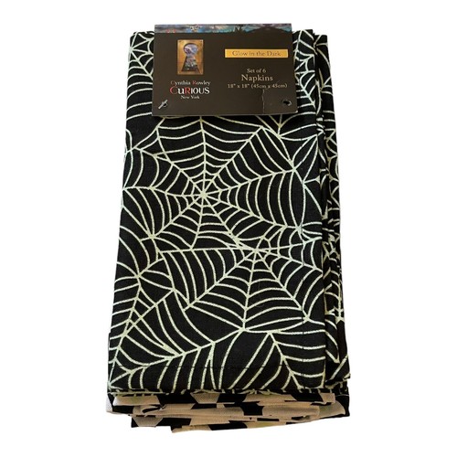 Cynthia Rowley Halloween tovaglioli in tessuto brillano al buio 18" set di 6 webs NUOVO - Foto 1 di 4