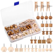 114 Pcs Wood Push Pins, 2 Colors and 7 Types Decorative Thumb Tacks Wooden He...