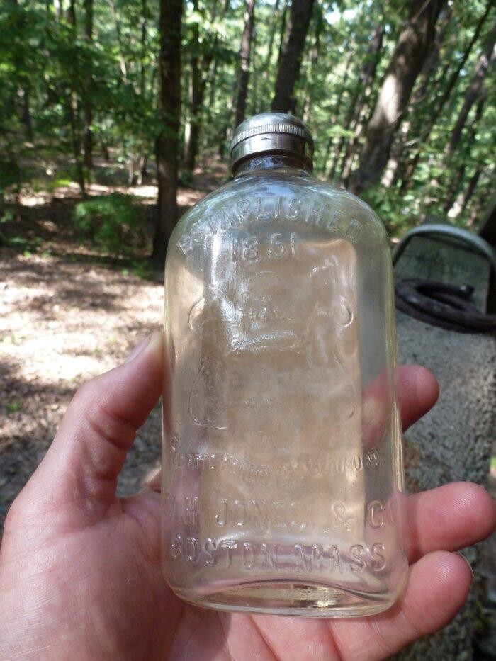 MASSACHUSETTS WHISKEY FLASK-Half Pint-Hanover Rye-Boston-Label-Embossed-1890s