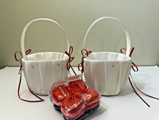 Set Of 2 Wedding Flower Girl Baskets With Rhinestones Satin Lace. White/Red