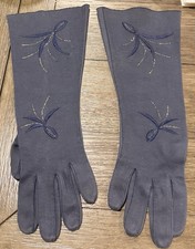 Vintage Long Opera Navy Blue Fabric Gloves with Embroidered Floral Design 14