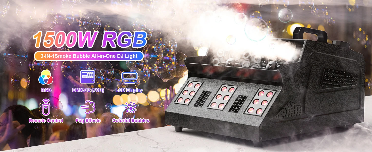 1500W Bubble Fog Machine 8 RGB 3IN1 LED Smoke Bubble Machine DMX Stage Light US