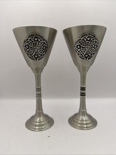 Pair Medieval Metal Goblet/Chalice with Embossed Celtic Knotwork Emblem~7 Inch