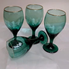 VTG Libby Juniper Green Water Wine Goblets Set of 4 Glass Teardrop Gold Rim