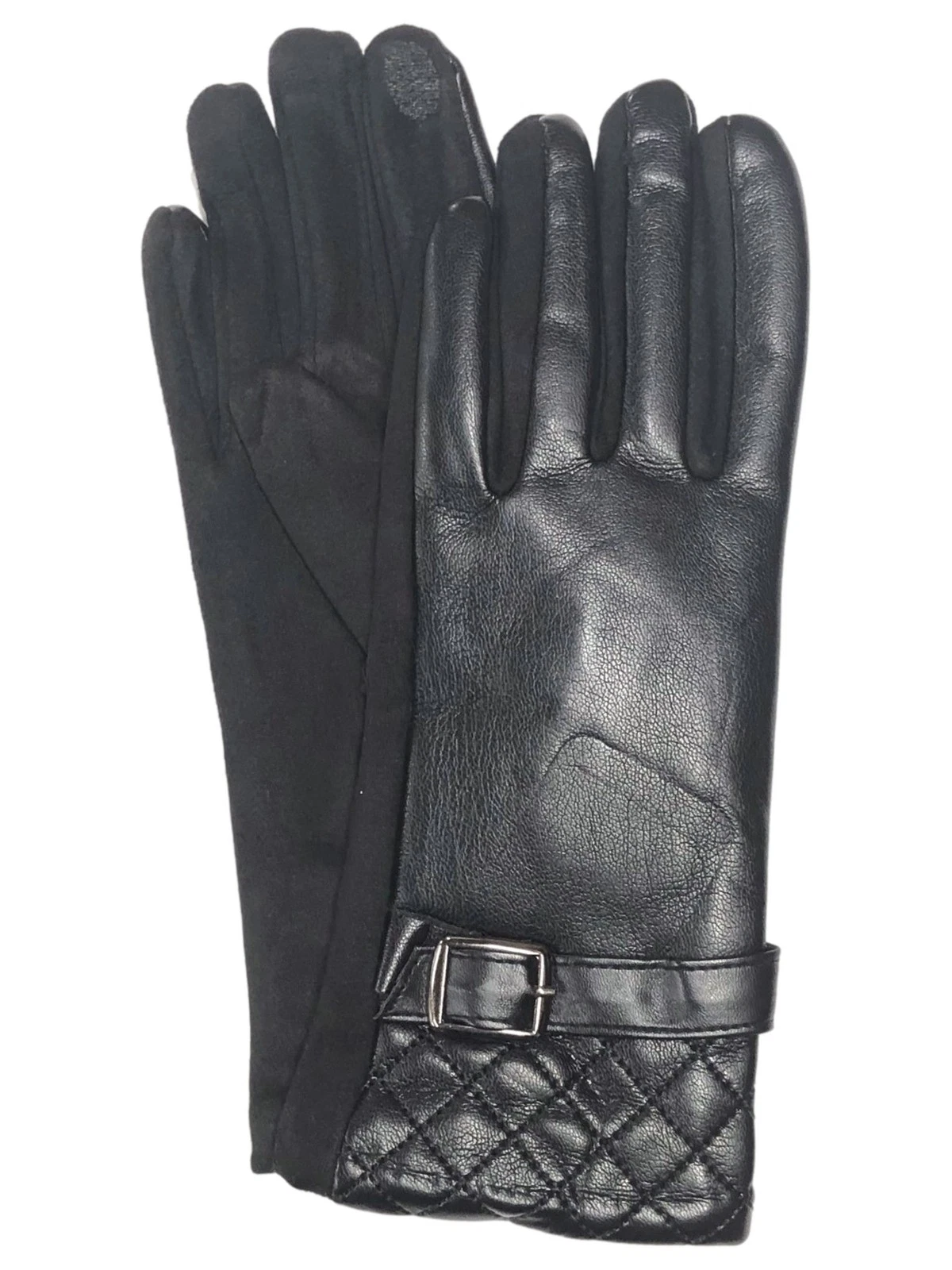 Womens Quilted Black Vegan Leather Stretch Fit Texting & Tech Touchscreen Gloves
