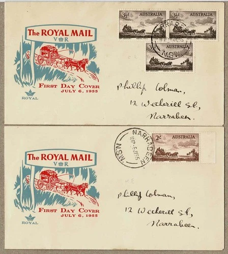 Australia 1955 Royal Mail Cobb & Co. Coach FDC Cover x2