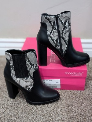 Size 8 Women's ShoeDazzle Fira Black Snake Print Zip Up Block High Heel Booties