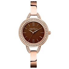 Caravelle By Bulova Ladies Crystal Rose Gold Bangle Brown Dial Watch 44L134