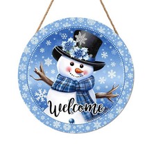 Welcome Winter Snowman Blue Sign for Front Door Christmas Snowflake Wood Door...