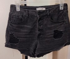 Refuge Denim Shorts Distressed Sz 2 Washed Black Mid Rise Button Fly
