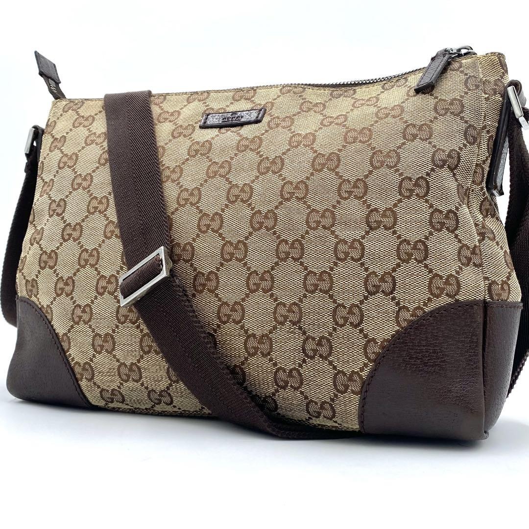 Gucci GG Canvas Brown Leather Shoulder Bag Crossbody