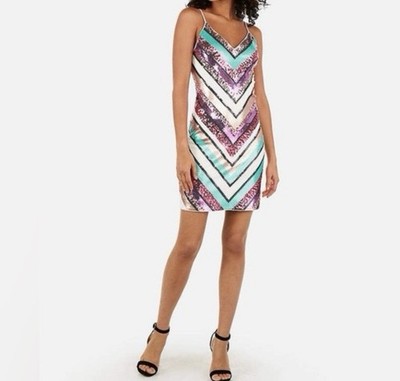 NEW EXPRESS Chevron Sequin Mini Dress Glam Baddie Cocktail Festival Size XS