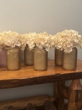 6 Gold Distressed Had Painted Mason Jars- Party Table Centerpieces- Fast Ship