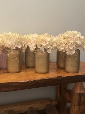 6 Gold Distressed Had Painted Mason Jars- Party Table Centerpieces- Fast Ship!