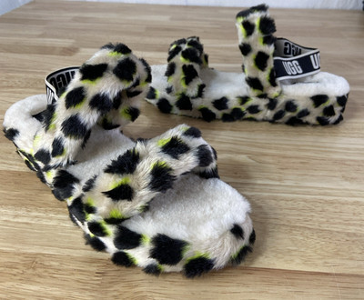 UGG Fluff Yeah Slide Slippers Women's Size 10 Black Leopard Spotted Animal Print