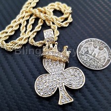 Hip Hop Iced Cubic Zirconia Crown Clover Pendant 4mm 24" Rope Chain Necklace