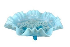 Jefferson Glass Ruffles and Rings Blue Opalescent 3 Footed Bowl 9" 1900s