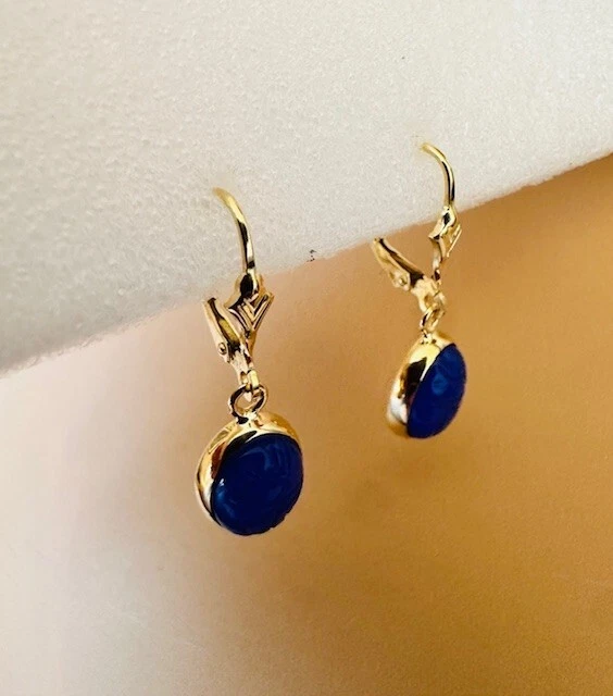 Impresionantes pendientes colgantes Estate de oro amarillo de 14 quilates azul ovalado lapislázuli 2,5 g Foto 4 de 4