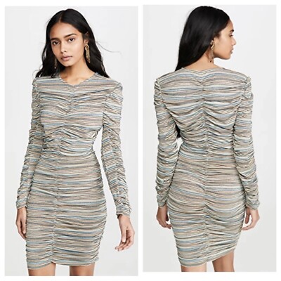 STINE GOYA Blake Ruched Long Sleeve Striped Glitter Mini Dress Small