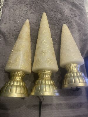 Resin Gold Painted Christmas Trees Lights Up Lot Of 3