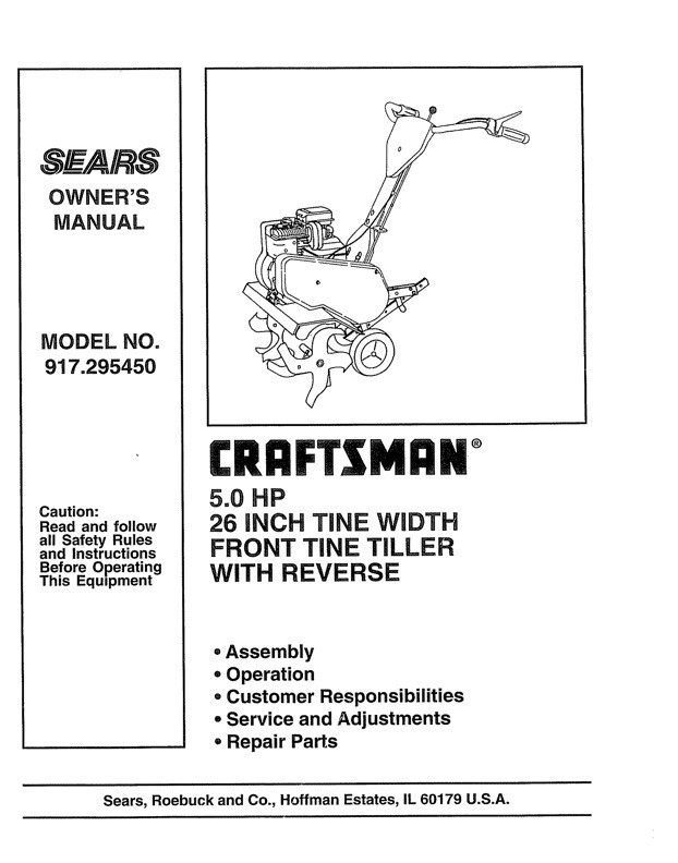 Craftsman Rear Tine Tiller 17 5 5hp Model 917 293301 Owners Manual