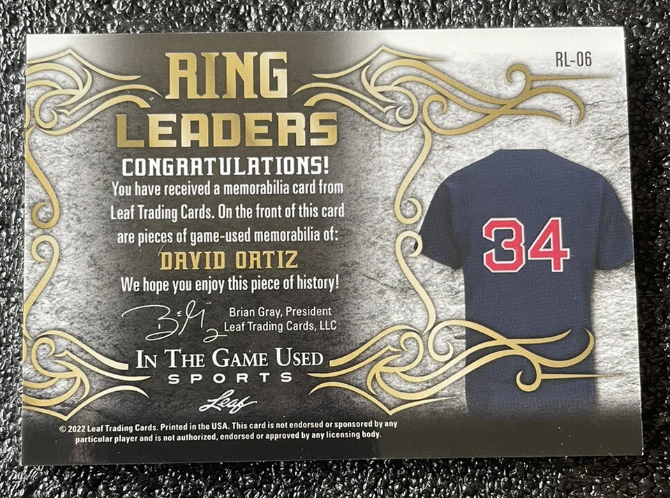 2022 LEAF #RL-06 GOLD DAVID ORTIZ "RING LEADERS" JERSEY 1/1, BOSTON RED SOX, HOF - Image 2 of 3