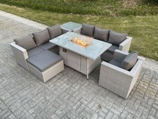Fimous Rattan Garden Furniture Gas Fire Pit Heater Dining Table Sets Light Grey