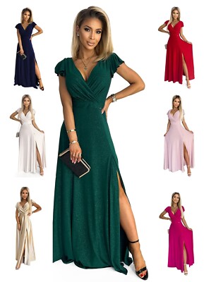 Numoco Kleid Abendkleid Maxikleid figurbetont Beinschlitz Glitzer Satin 34-46