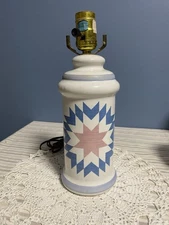 Vintage Ceramic Lamp With Quilt Design In Blue And Pink