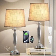 Lamps for Bedrooms Set of 2 - Touch Bedside Lamp with USB C+A 3 Way Dimmable ...