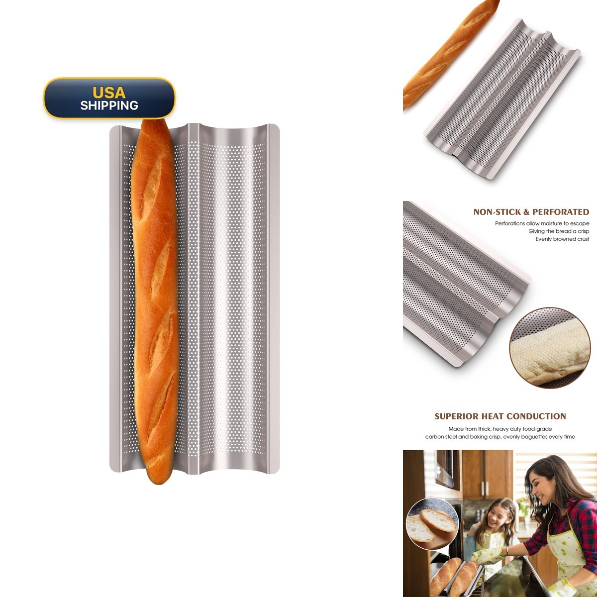 Fulimax BP-2G French Bread Baguette Pan 2 Slots Nonstick Perforated Golden