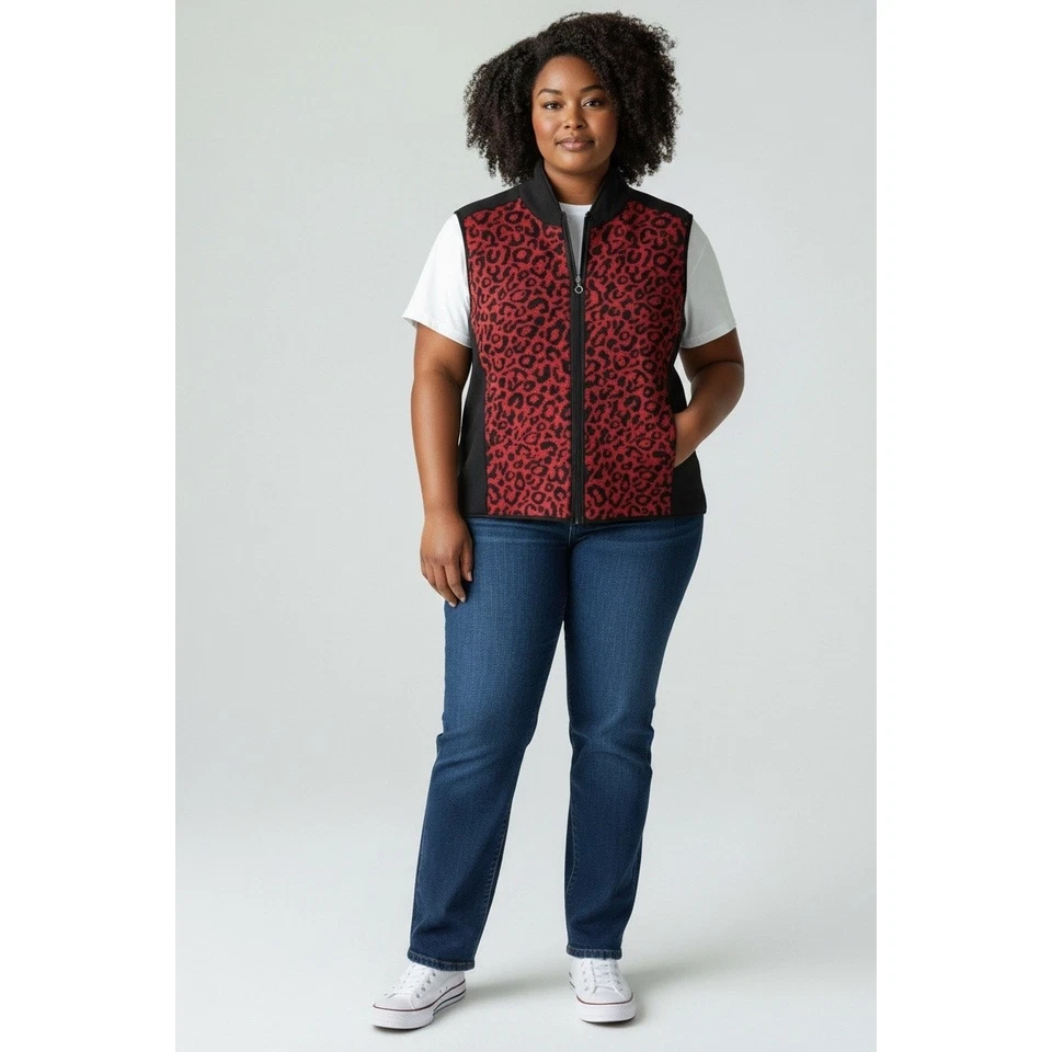 Ellen Reyes Women Black & Red Leopard Print Fleece Vest Size 2X Layering Piece - Image 2 of 4