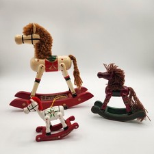 3 Vintage Wooden Rocking Horses Hand Painted Folk Art Country Christmas Decor