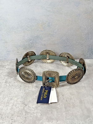 Ralph Lauren Collection Belt sz L Concho turquoise handtooled handmade leather Vintage Lauren Ralph Lauren Boho Concho Turquoise Leather  main image 2