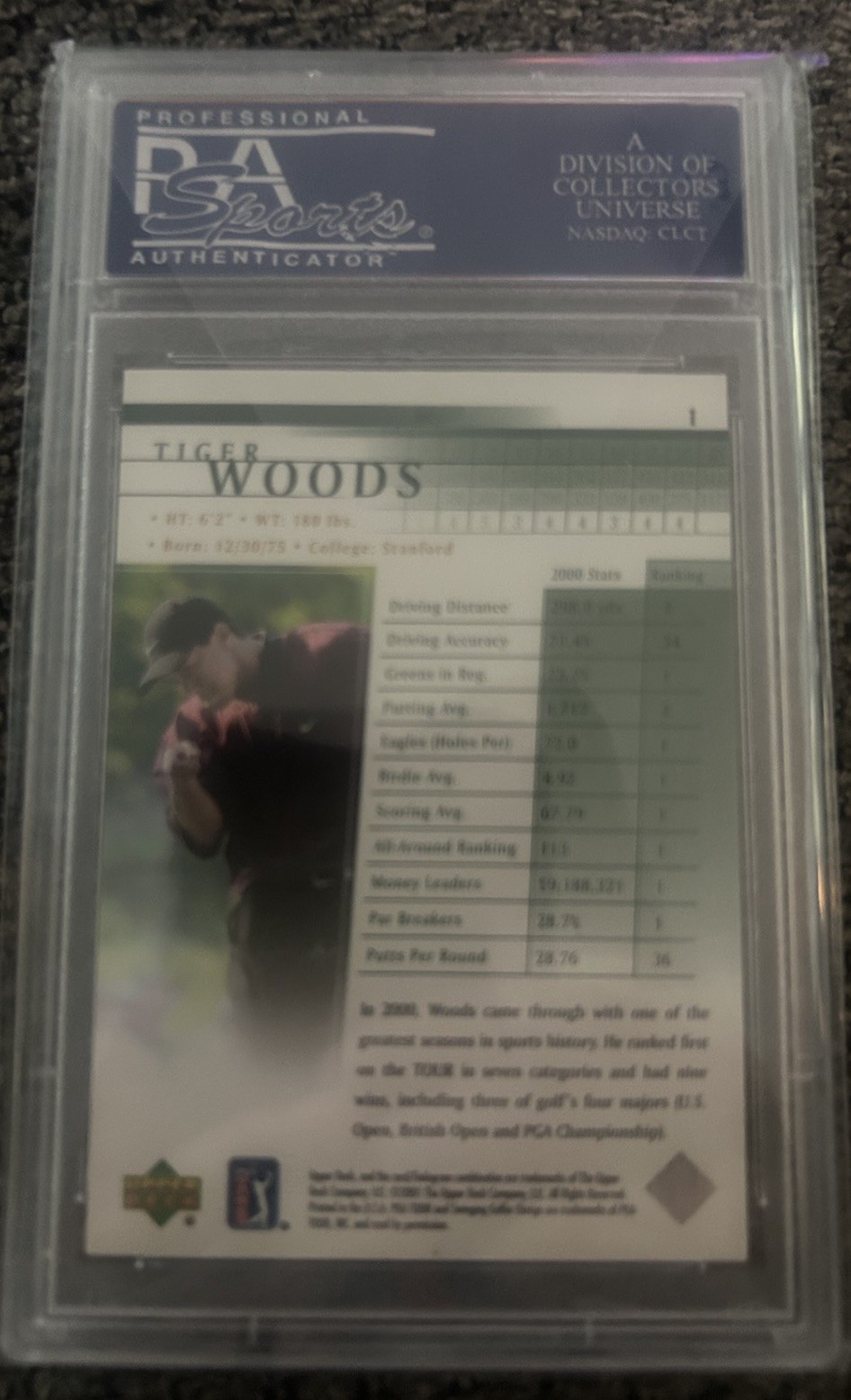 2001 Upper Deck - Tiger Woods #1 (RC) PSA 9 Rookie view 2